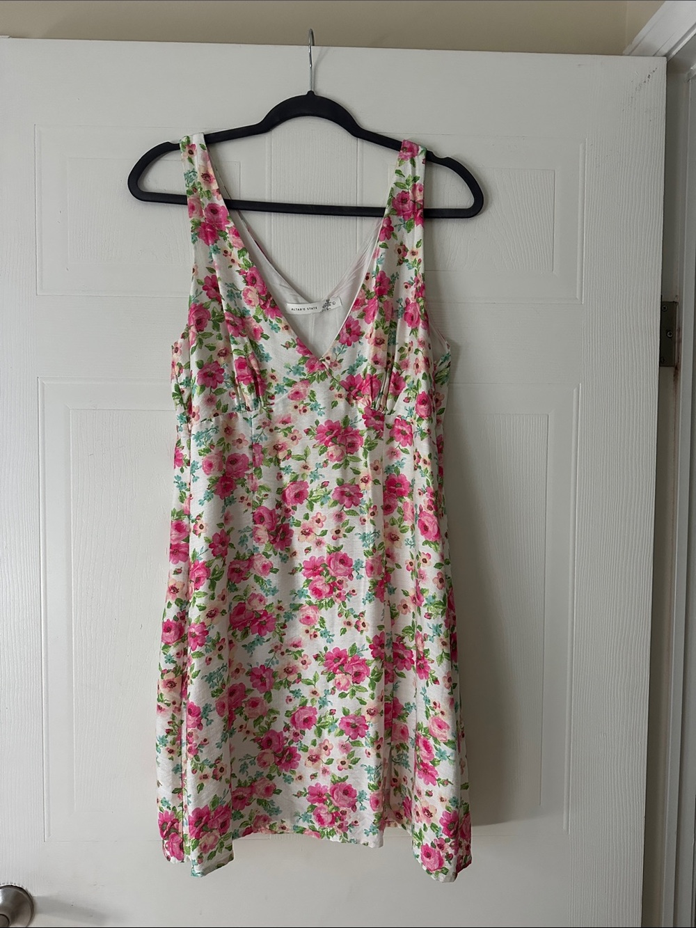 Altar'd State White Floral V-Neck A-Line Dress with Pink Roses